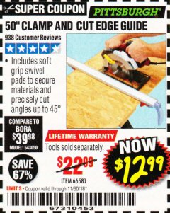 Harbor Freight Coupon 50" CLAMP AND CUT EDGE GUIDE Lot No. 66581 Expired: 11/30/18 - $12.99