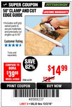 Harbor Freight Coupon 50" CLAMP AND CUT EDGE GUIDE Lot No. 66581 Expired: 12/2/18 - $14.99