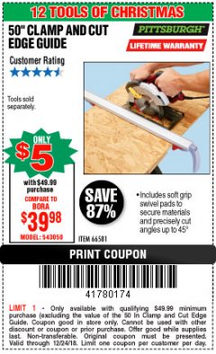 Harbor Freight Coupon 50" CLAMP AND CUT EDGE GUIDE Lot No. 66581 Expired: 12/24/18 - $5