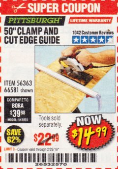 Harbor Freight Coupon 50" CLAMP AND CUT EDGE GUIDE Lot No. 66581 Expired: 2/28/19 - $14.99
