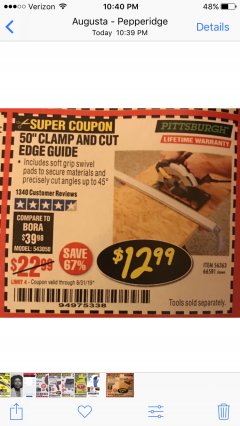 Harbor Freight Coupon 50" CLAMP AND CUT EDGE GUIDE Lot No. 66581 Expired: 8/31/19 - $12.99