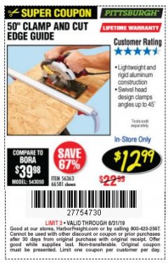 Harbor Freight Coupon 50" CLAMP AND CUT EDGE GUIDE Lot No. 66581 Expired: 8/31/19 - $12.99