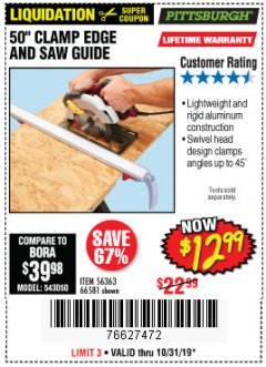 Harbor Freight Coupon 50" CLAMP AND CUT EDGE GUIDE Lot No. 66581 Expired: 10/31/19 - $12.99