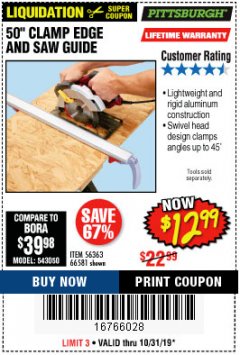 Harbor Freight Coupon 50" CLAMP AND CUT EDGE GUIDE Lot No. 66581 Expired: 10/31/19 - $12.99