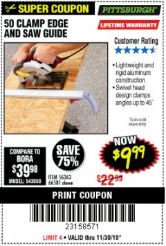 Harbor Freight Coupon 50" CLAMP AND CUT EDGE GUIDE Lot No. 66581 Expired: 11/30/19 - $9.99