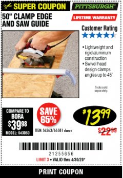 Harbor Freight Coupon 50" CLAMP AND CUT EDGE GUIDE Lot No. 66581 Expired: 6/30/20 - $13.99