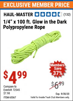 Harbor Freight ITC Coupon 1/4" X 100 FT GLOW IN THE DARK POLYPROPYLENE ROPE Lot No. 65567 Expired: 9/30/20 - $4.99