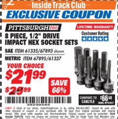 Harbor Freight ITC Coupon 8 PIECE, 1/2" DRIVE IMPACT SOCKET SET SAE HEX Lot No. 67895/61337 Expired: 10/31/18 - $21.99