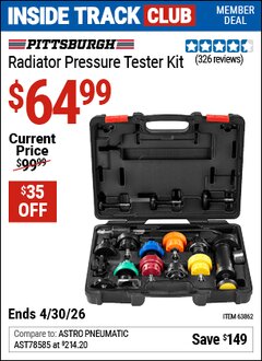 Harbor Freight Coupon PITTSBURGH RADIATOR PRESSURE TESTER KIT Lot No. 63862 Valid: 12/31/69 - 4/30/26 - $64.99