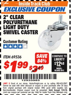 Harbor Freight ITC Coupon 2" CLEAR POLYURETHANE LIGHT DUTY SWIVEL CASTER Lot No. 69536 Expired: 7/31/18 - $1.99