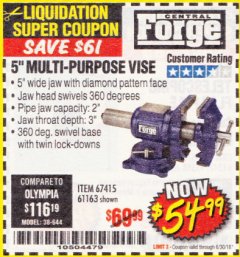Harbor Freight Coupon 5" MULTI-PURPOSE VISE Lot No. 67415/61163/64413 Expired: 6/30/18 - $54.99