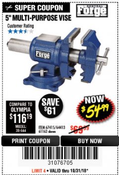 Harbor Freight Coupon 5" MULTI-PURPOSE VISE Lot No. 67415/61163/64413 Expired: 10/31/18 - $54.99