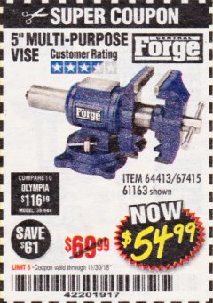 Harbor Freight Coupon 5" MULTI-PURPOSE VISE Lot No. 67415/61163/64413 Expired: 11/30/18 - $54.99