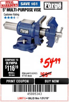 Harbor Freight Coupon 5" MULTI-PURPOSE VISE Lot No. 67415/61163/64413 Expired: 1/31/19 - $54.99