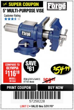 Harbor Freight Coupon 5" MULTI-PURPOSE VISE Lot No. 67415/61163/64413 Expired: 3/31/19 - $54.99