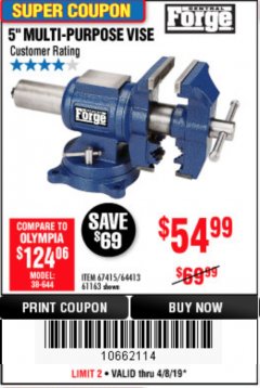 Harbor Freight Coupon 5" MULTI-PURPOSE VISE Lot No. 67415/61163/64413 Expired: 4/8/19 - $54.99
