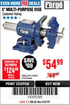 Harbor Freight Coupon 5" MULTI-PURPOSE VISE Lot No. 67415/61163/64413 Expired: 5/5/19 - $54.99