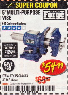 Harbor Freight Coupon 5" MULTI-PURPOSE VISE Lot No. 67415/61163/64413 Expired: 7/31/19 - $54.99