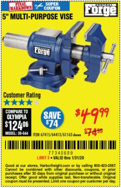 Harbor Freight Coupon 5" MULTI-PURPOSE VISE Lot No. 67415/61163/64413 Expired: 1/31/20 - $49.99
