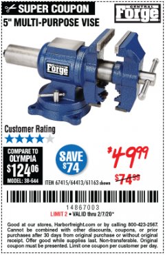 Harbor Freight Coupon 5" MULTI-PURPOSE VISE Lot No. 67415/61163/64413 Expired: 2/7/20 - $49.99