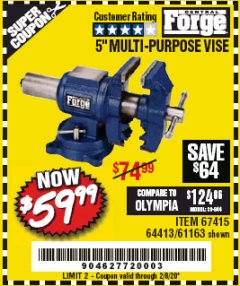 Harbor Freight Coupon 5" MULTI-PURPOSE VISE Lot No. 67415/61163/64413 Expired: 2/8/20 - $59.99