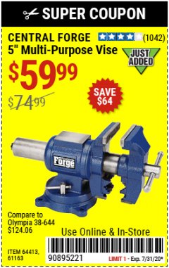 Harbor Freight Coupon 5" MULTI-PURPOSE VISE Lot No. 67415/61163/64413 Expired: 7/31/20 - $59.99