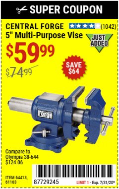 Harbor Freight Coupon 5" MULTI-PURPOSE VISE Lot No. 67415/61163/64413 Expired: 7/31/20 - $59.99