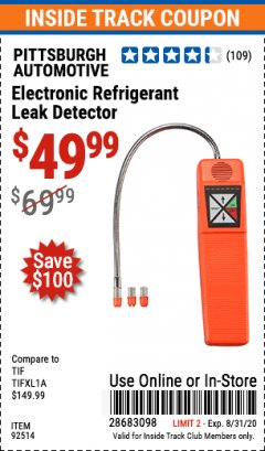 Harbor Freight ITC Coupon ELECTRONIC REFRIGERANT LEAK DETECTOR Lot No. 92514 Expired: 8/31/20 - $49.99