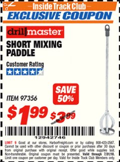 Harbor Freight ITC Coupon SHORT MIXING PADDLE Lot No. 97356 Expired: 7/31/18 - $1.99