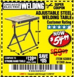 Harbor Freight Coupon ADJUSTABLE STEEL WELDING TABLE Lot No. 63069/61369 Expired: 11/20/18 - $54.99