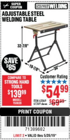 Harbor Freight Coupon ADJUSTABLE STEEL WELDING TABLE Lot No. 63069/61369 Expired: 5/26/19 - $54.99