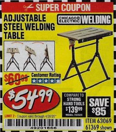 Harbor Freight Coupon ADJUSTABLE STEEL WELDING TABLE Lot No. 63069/61369 Expired: 6/30/20 - $54.99