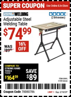 Harbor Freight Coupon ADJUSTABLE STEEL WELDING TABLE Lot No. 63069/61369 Expired: 2/19/23 - $74.99