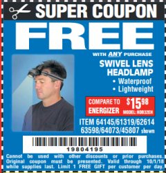 Harbor Freight FREE Coupon HEADLAMP WITH SWIVEL LENS Lot No. 45807/61319/63598/62614 Expired: 10/1/18 - FWP