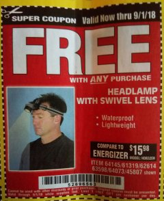 Harbor Freight FREE Coupon HEADLAMP WITH SWIVEL LENS Lot No. 45807/61319/63598/62614 Expired: 9/1/18 - FWP