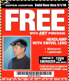 Harbor Freight FREE Coupon HEADLAMP WITH SWIVEL LENS Lot No. 45807/61319/63598/62614 Expired: 9/1/18 - FWP