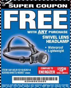 Harbor Freight FREE Coupon HEADLAMP WITH SWIVEL LENS Lot No. 45807/61319/63598/62614 Expired: 1/5/19 - FWP