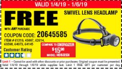 Harbor Freight FREE Coupon HEADLAMP WITH SWIVEL LENS Lot No. 45807/61319/63598/62614 Expired: 4/2/19 - FWP