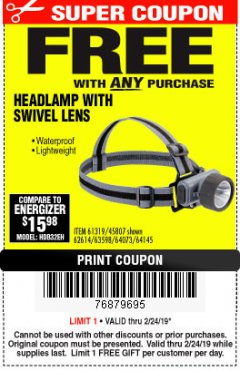 Harbor Freight FREE Coupon HEADLAMP WITH SWIVEL LENS Lot No. 45807/61319/63598/62614 Expired: 2/24/19 - FWP