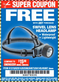 Harbor Freight FREE Coupon HEADLAMP WITH SWIVEL LENS Lot No. 45807/61319/63598/62614 Expired: 8/16/19 - FWP