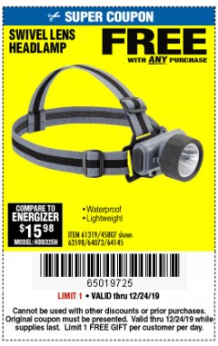 Harbor Freight FREE Coupon HEADLAMP WITH SWIVEL LENS Lot No. 45807/61319/63598/62614 Expired: 12/24/19 - FWP