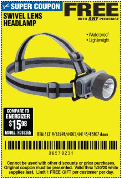 Harbor Freight FREE Coupon HEADLAMP WITH SWIVEL LENS Lot No. 45807/61319/63598/62614 Expired: 1/20/20 - FWP