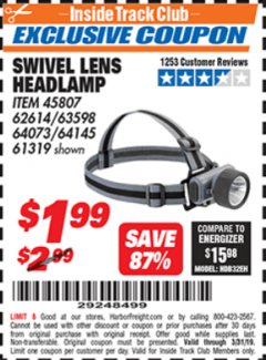 Harbor Freight ITC Coupon HEADLAMP WITH SWIVEL LENS Lot No. 45807/61319/63598/62614 Expired: 3/31/19 - $1.99