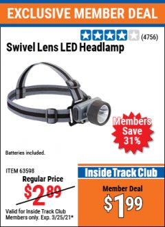 Harbor Freight ITC Coupon HEADLAMP WITH SWIVEL LENS Lot No. 45807/61319/63598/62614 Expired: 3/25/21 - $1.99