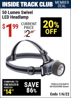 Harbor Freight ITC Coupon HEADLAMP WITH SWIVEL LENS Lot No. 45807/61319/63598/62614 Expired: 1/6/22 - $1.99