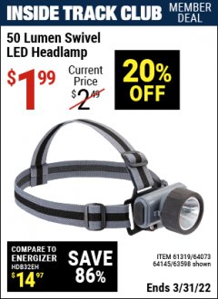 Harbor Freight ITC Coupon HEADLAMP WITH SWIVEL LENS Lot No. 45807/61319/63598/62614 Expired: 3/31/22 - $1.99