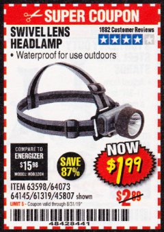 Harbor Freight Coupon HEADLAMP WITH SWIVEL LENS Lot No. 45807/61319/63598/62614 Expired: 8/31/19 - $1.99