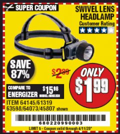 Harbor Freight Coupon HEADLAMP WITH SWIVEL LENS Lot No. 45807/61319/63598/62614 Expired: 6/30/20 - $1.99