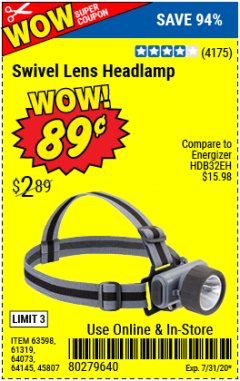 Harbor Freight Coupon HEADLAMP WITH SWIVEL LENS Lot No. 45807/61319/63598/62614 Expired: 7/31/20 - $0.89