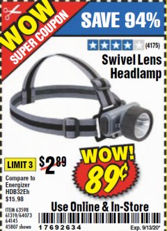Harbor Freight Coupon HEADLAMP WITH SWIVEL LENS Lot No. 45807/61319/63598/62614 Expired: 9/13/20 - $0.89